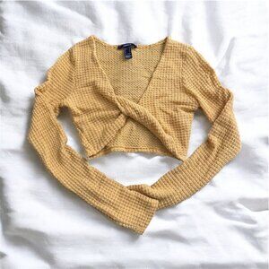 Yellow Waffle Knit Wrap/Twist Front Long Sleeve Crop Top